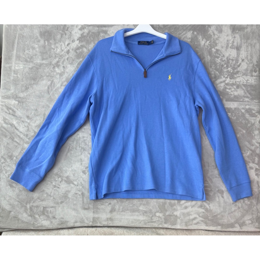 Polo Ralph Lauren Mens Large Blue 1/4 Zip Cotton Pullover Sweater Yellow Pony